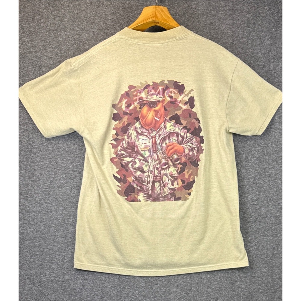 Vintage Joe Camel Pocket T-Shirt Mens XL Tan 1992 Single Stitch Camo Safari USA